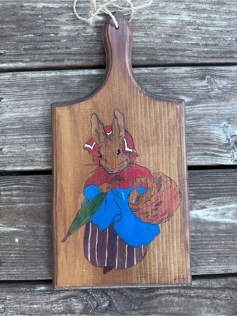 Primitive folk art Hand-Painted wooden cutting board Rabbit  design
